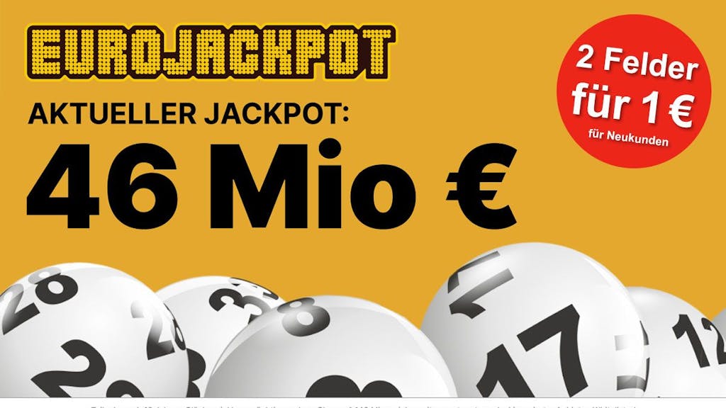 Lottokugeln und Eurojackpot Logo mit Schrift Jackpot 46 Millionen €..