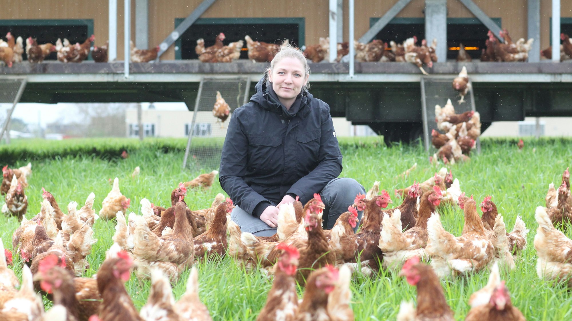 Landwirtin Annika Hache vom Hof Scheja in Menden inmitten ihrer 700 Hühner.