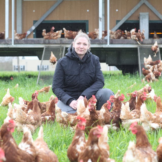 Landwirtin Annika Hache vom Hof Scheja in Menden inmitten ihrer 700 Hühner.