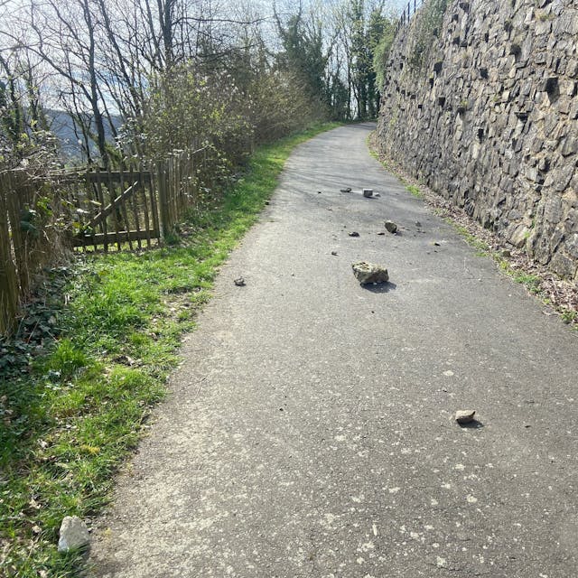 Unterschiedlich große Steine liegen auf einem asphaltierten Weg neben einer Naturscheinmauer.