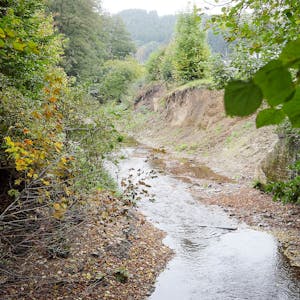 Das Bild zeigt den Platißbach wenige Monate nach der Flutkatastrophe 2021. Auf rund 40 Metern war in der Höhe des Campingplatzes der Hang zum Platißbach abgerutscht.