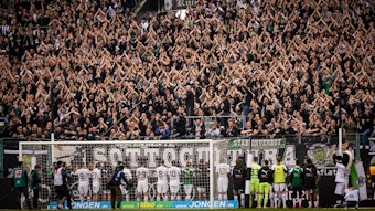 Die Fans von Borussia Mönchengladbach feiern ihre Mannschaft.