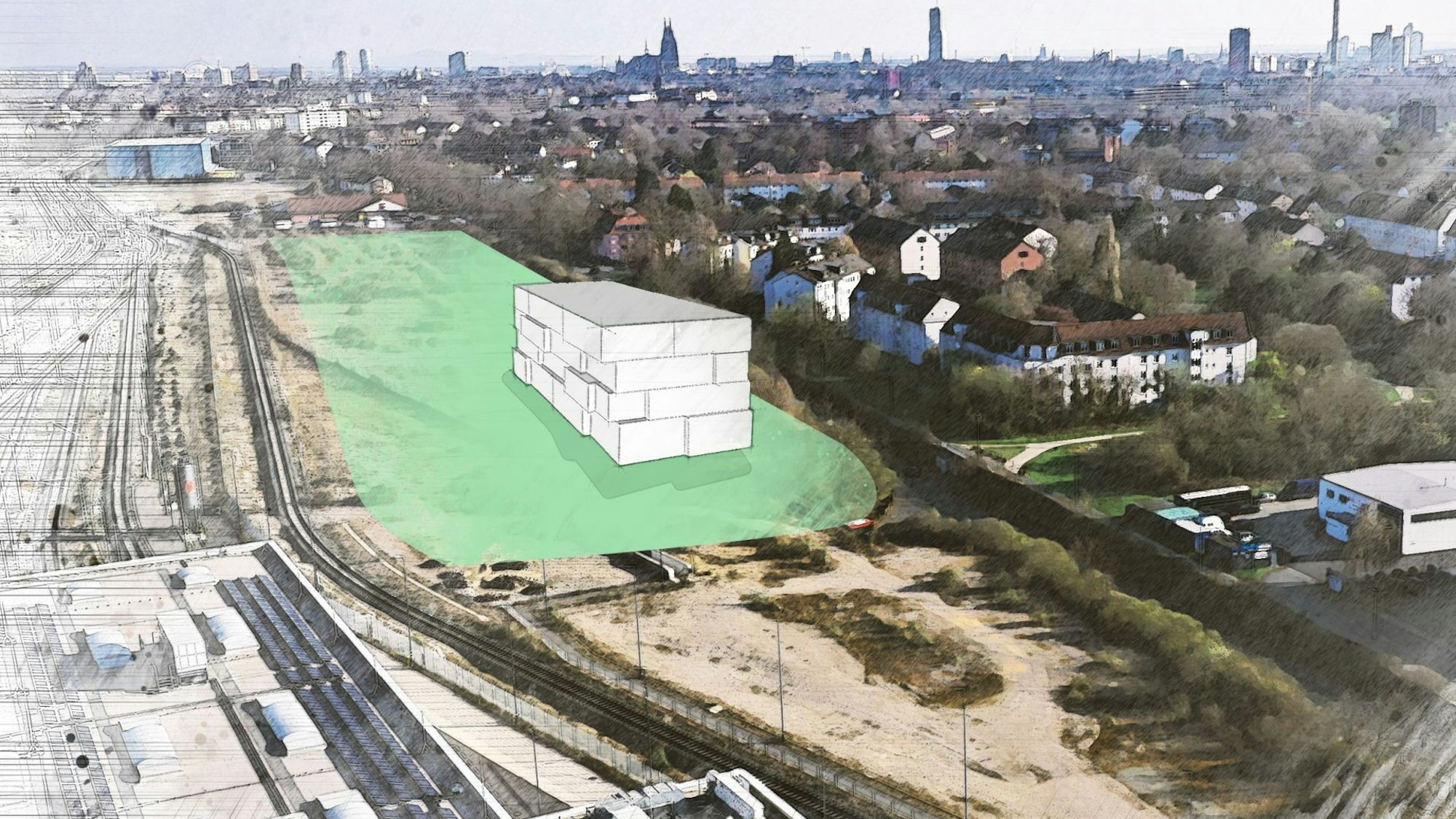 Die Skizze des Entwicklungsbüros zeigt das Baufeld (in Grün). Am vorderen Ende die Unterführung nach Mauenheim / Weidenpesch, hinten das Grundstück mit Discounter und Autowaschstand.