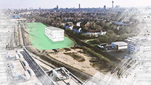 Die Skizze des Entwicklungsbüros zeigt das Baufeld (in Grün). Am vorderen Ende die Unterführung nach Mauenheim / Weidenpesch, hinten das Grundstück mit Discounter und Autowaschstand.