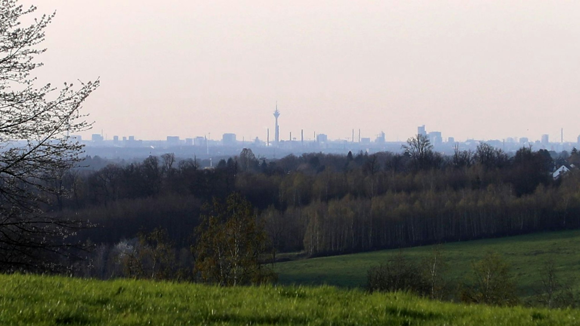 Am Horizont einer Landschaft ist eine Stadt-Silhouette mit einem markanten Fernsehturm zu sehen.