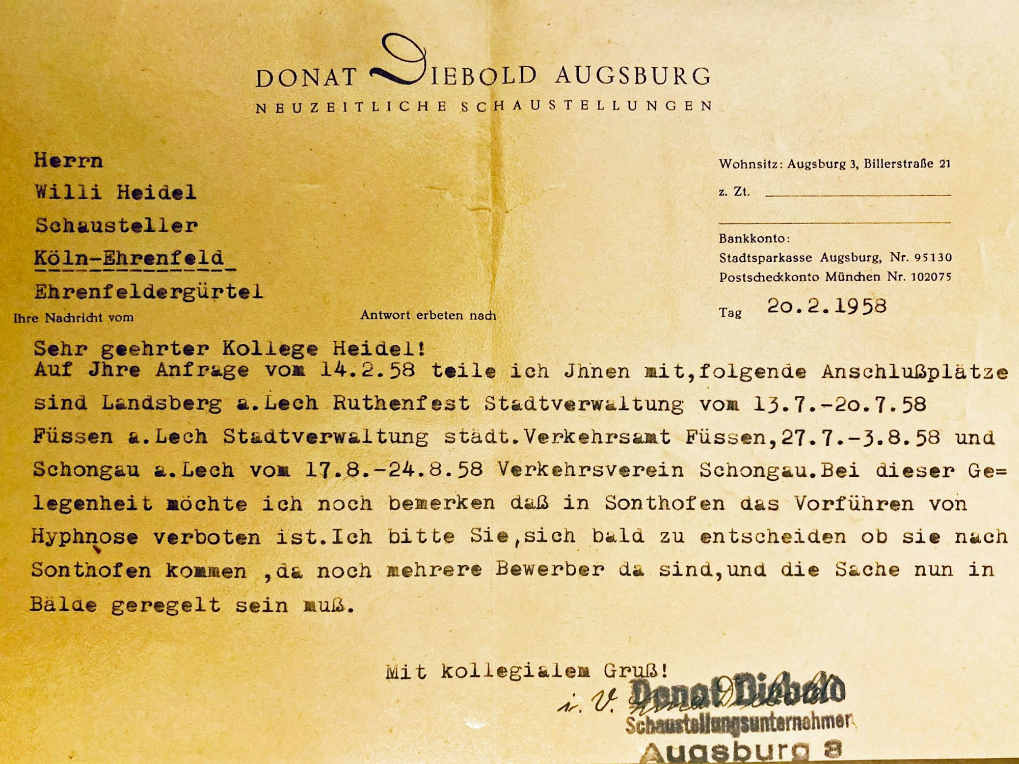 Der Brief enthält Informationen zu Jahrmärkten in Bayern im Jahr 1958.   Foto: Rösgen