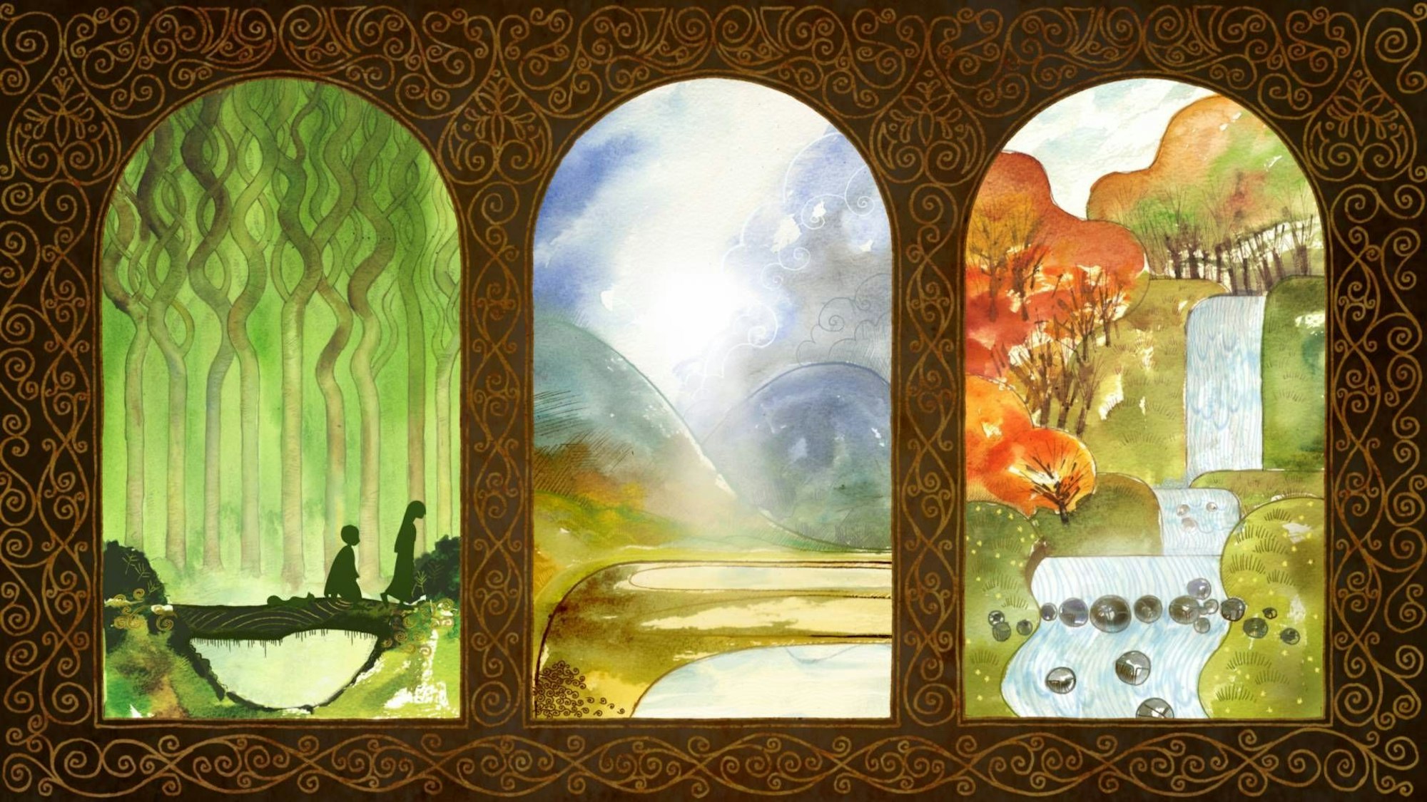 Zu sehen sind drei kirchenfensterartiger Öffnungen. Im ersten wandern die beiden Hauptfiguren durch einen Wald. Das zweite zeigt eine Berglandschaft mit einem See und Nebel. Das dritte zeigt einen Wasserfall an grünen Hügeln.