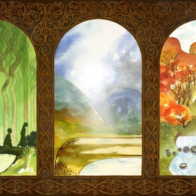 Zu sehen sind drei kirchenfensterartiger Öffnungen. Im ersten wandern die beiden Hauptfiguren durch einen Wald. Das zweite zeigt eine Berglandschaft mit einem See und Nebel. Das dritte zeigt einen Wasserfall an grünen Hügeln.&nbsp;