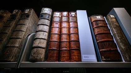 Buchrücken stehen systematisch sortiert neben Boxen aus säurefreiem Karton, in denen restaurierte Werke geschützt sind.