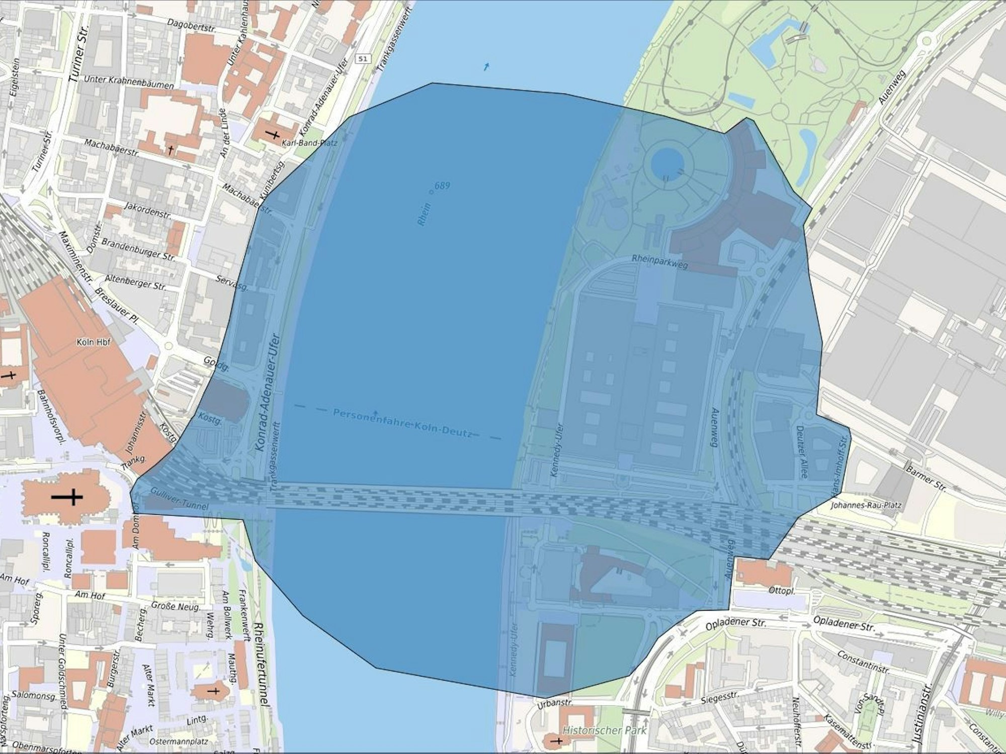 Karte mit Evakuierungsbereich in blau eingefärbt.