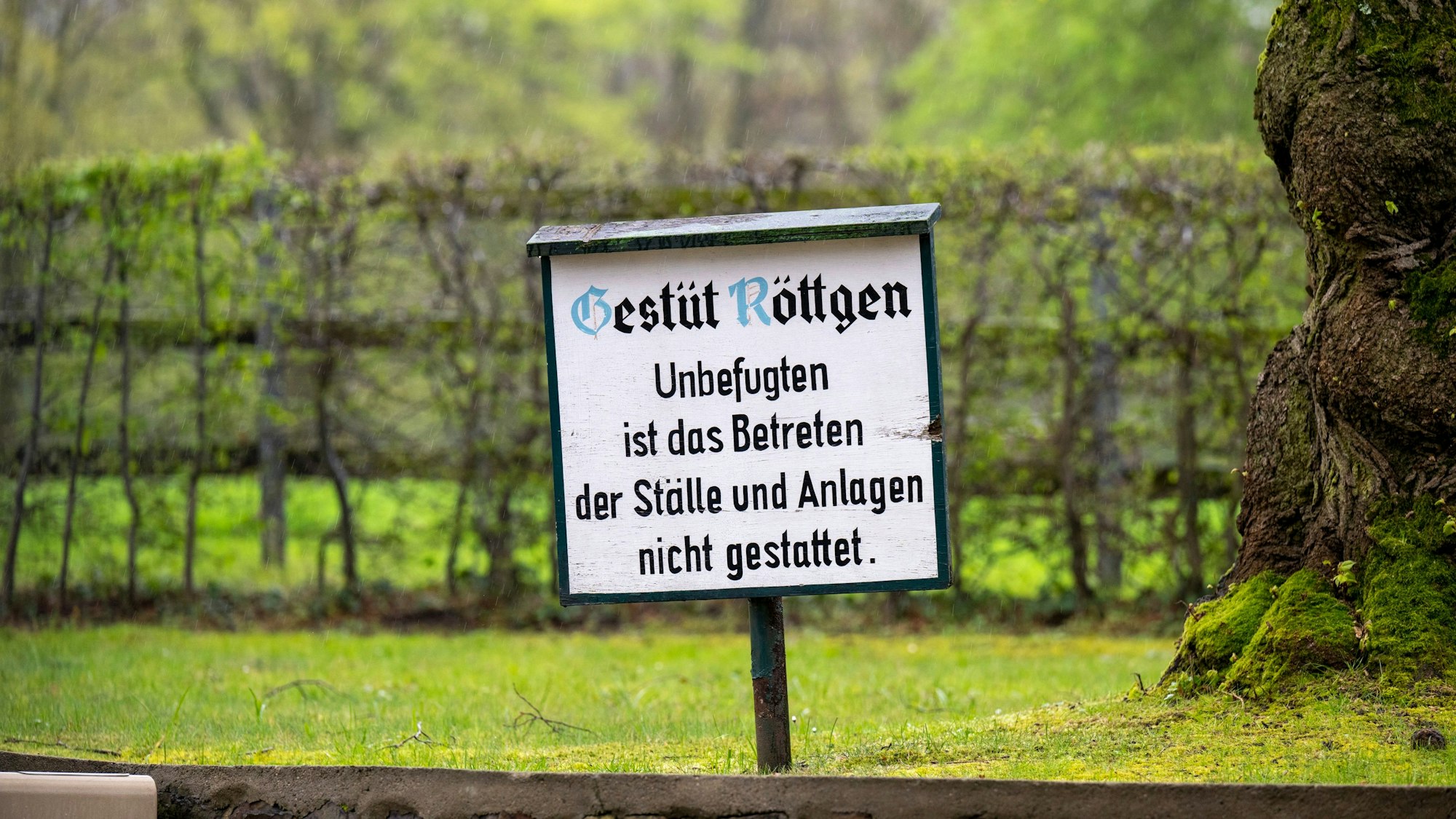 Ein Schild im Gestüt Röttgen, auf dem steht: Unbefugten ist das Betreten der Ställe und Anlagen nicht gestattet.