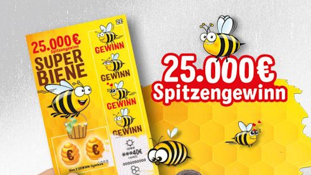 Frühlingsgefühle mit dem Rubbellos Sssuper Biene? Der Spitzengewinn liegt bei 25.000 Euro bei einer Gewinnchance von 1:300.000. Wem würde das nicht ein Strahlen ins Gesicht zaubern?