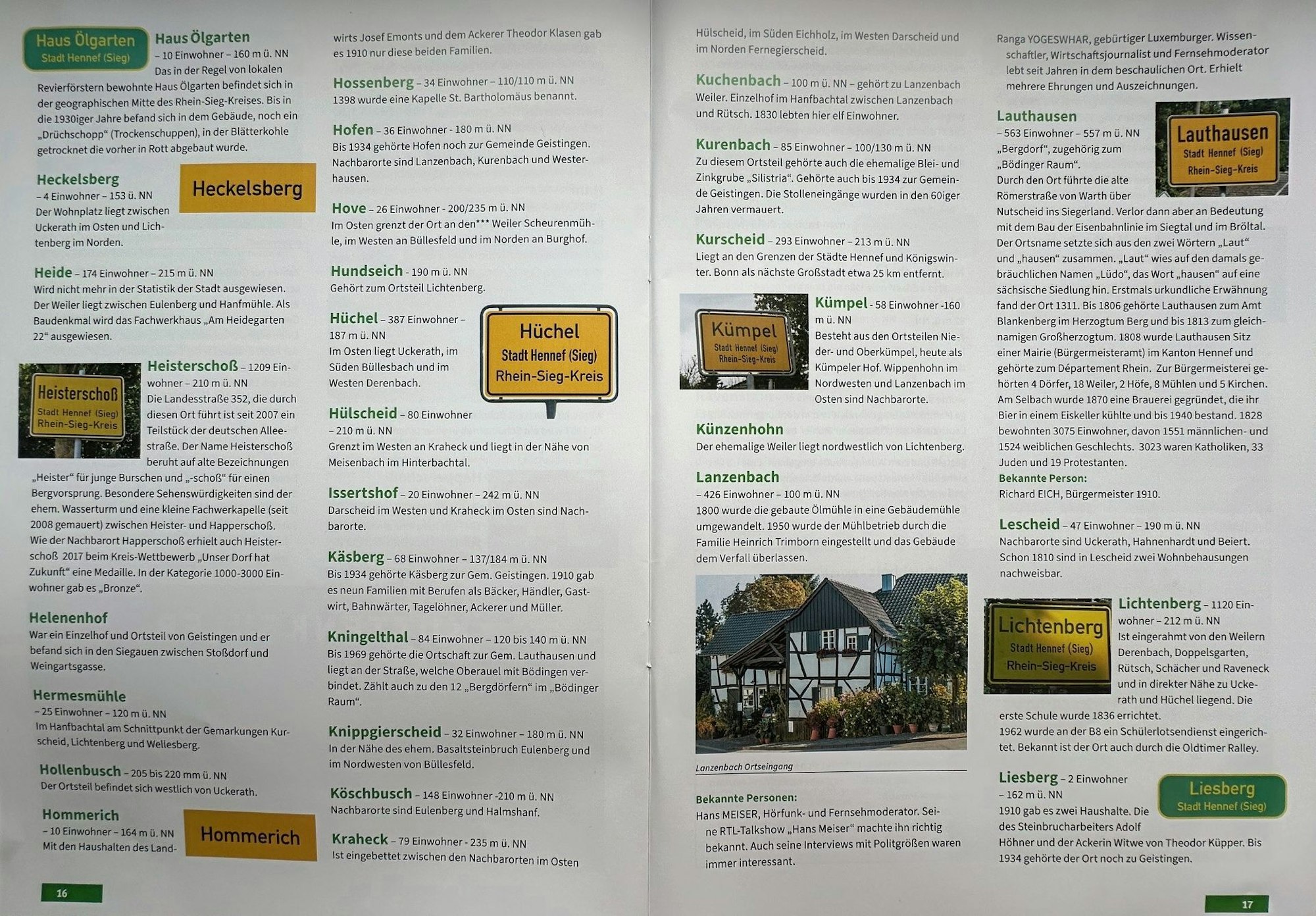 Ein Blick auf eine Doppelseite des Hefts. Kurze Texte zu den Hennefer Ortschaften sind mit Fotos von Gebäuden und Ortsschildern bebildert.