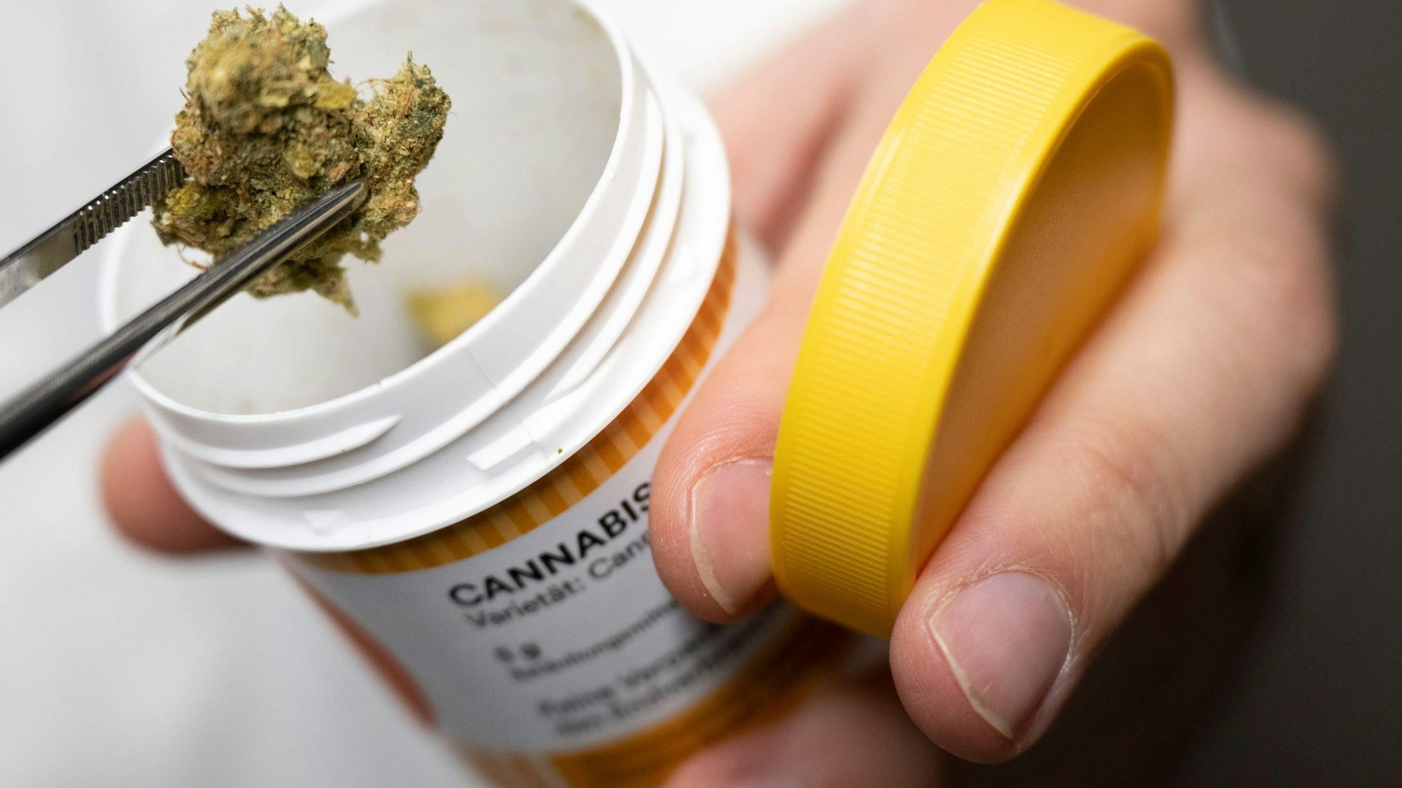 Das Bild zeigt ein Medikamentendöschen mit der Aufschrift „Cannabis“. Die Medizin wird mit einer Pinzette herausgezogen.