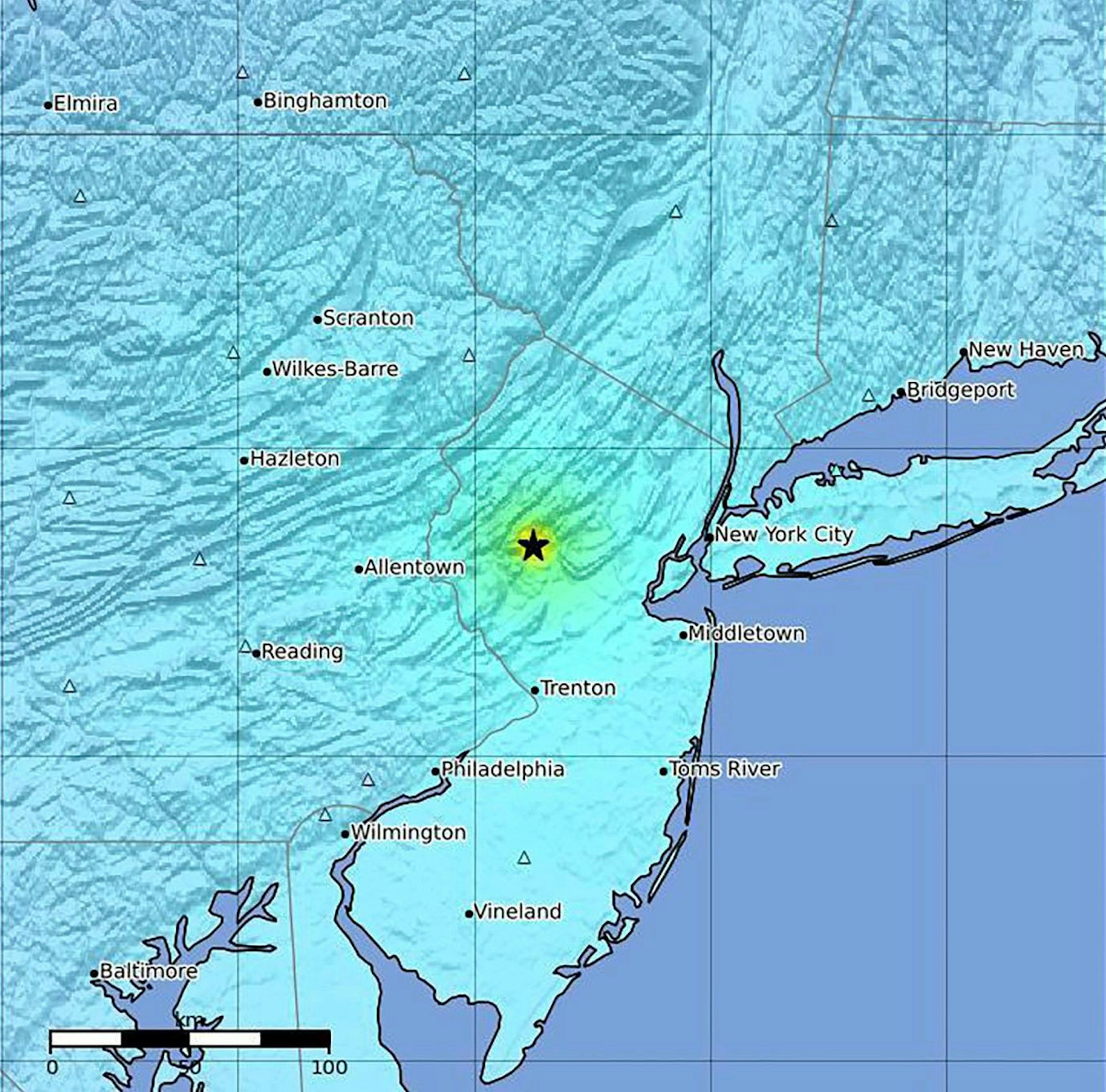 Diese vom U.S. Geological Survey zur Verfügung gestellte Landkarte zeigt das Epizentrum des Erdbebens an der Ostküste der USA.