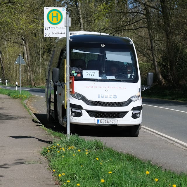 Der weiße Kleinbus steht an einer Haltestelle an einer Landstraße.