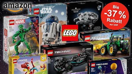 Lego Sets, darunter Neuheiten aus März 2024 wie die Jubiläumssets der Lego Star Wars Reihe zu Millennium Falcon und R2-D2, Lego Technic Formel 1 Wagen und John Deere Traktor sowie Lego Marvel Green Goblin oder Technic Sonnensystem.