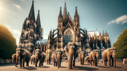 Das maschinell erstellte Bild von ChatGPT zeigt Elefanten vorm Kölner Dom. , FOTO: ChatGPT/Trzeciak