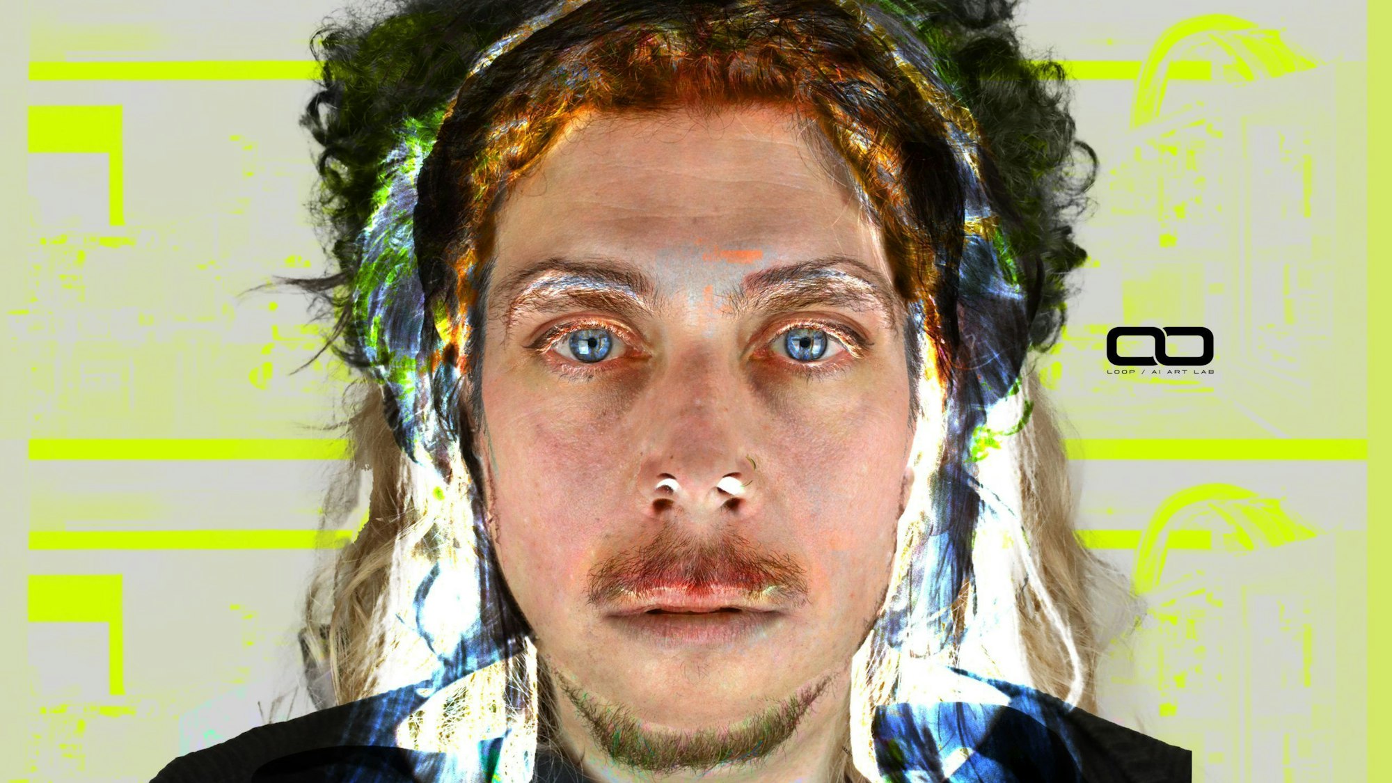 Das Bild zeigt ein Porträt eines Mannes mit Schnurbart und blauen Augen. Der Hintergrund ist grau mit computerhaften neongelben Akzenten. Es wirkt wie ein künstlich erzeugtes Bild.