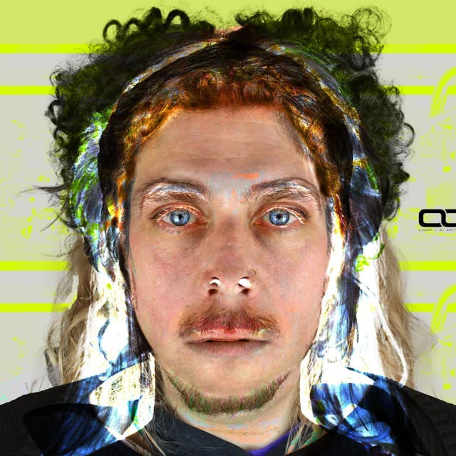 Das Bild zeigt ein Porträt eines Mannes mit Schnurbart und blauen Augen. Der Hintergrund ist grau mit computerhaften neongelben Akzenten. Es wirkt wie ein künstlich erzeugtes Bild.&nbsp;