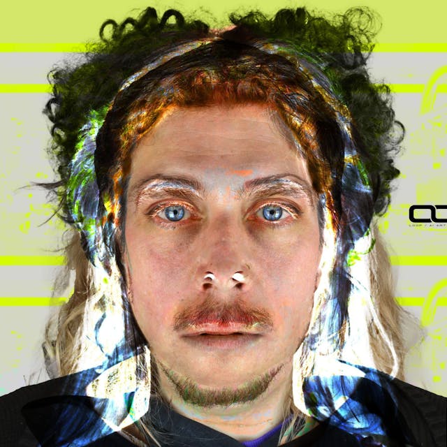Das Bild zeigt ein Porträt eines Mannes mit Schnurbart und blauen Augen. Der Hintergrund ist grau mit computerhaften neongelben Akzenten. Es wirkt wie ein künstlich erzeugtes Bild.&nbsp;