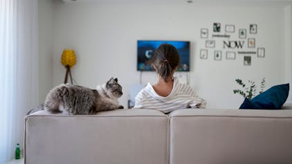 Foto einer Frau die auf dem Sofa vor eine Fernseher sitzt, zusammen mit einer Katze.