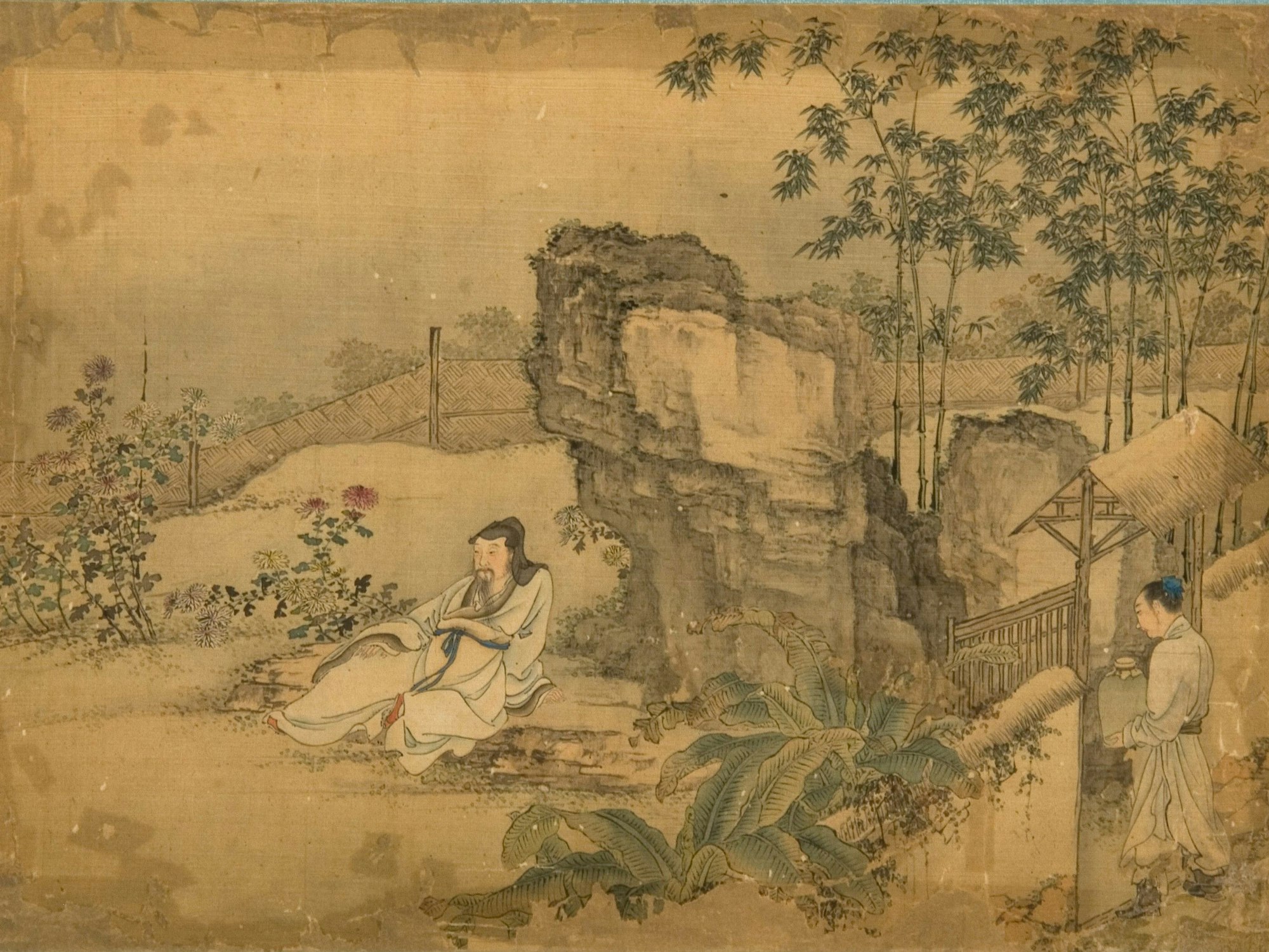Der Dichter Tao Yuanming liegt auf einem Stein in seinem Garten und lässt sich Wein bringen.