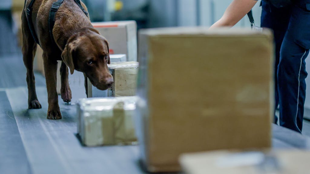 Ein brauner Labrador erschnüffelt auf einem Band den Inhalt von Frachtware am Flughafen Köln/Bonn.