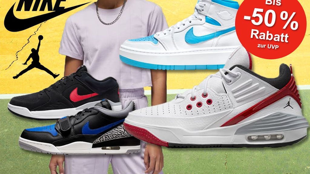 Nike Air Jordan Sneaker Air Jordan Legacy 312 Low, Air Jordan 1 Elevate High, Jordan Max Aura 5 und Jordan Stadium 90 mit Nike und Jumpman Logo.