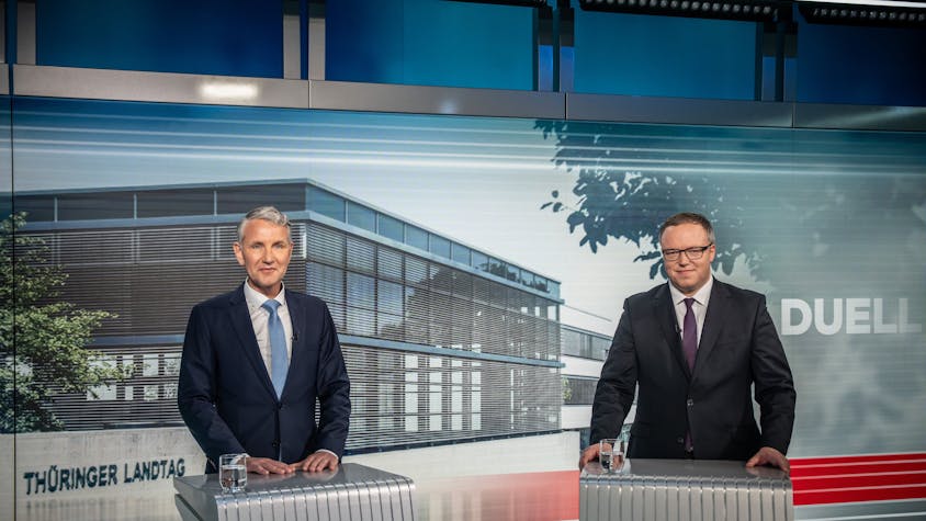 Ungleiche Kontrahenten: Björn Höcke und Mario Voigt bei Welt TV – vor allem Letzterer könnte profitieren.
