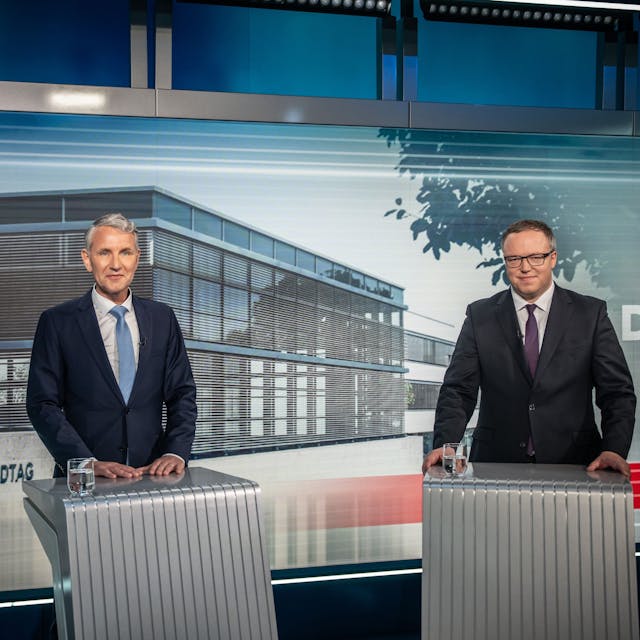 Ungleiche Kontrahenten: Björn Höcke und Mario Voigt bei Welt TV – vor allem Letzterer könnte profitieren.
