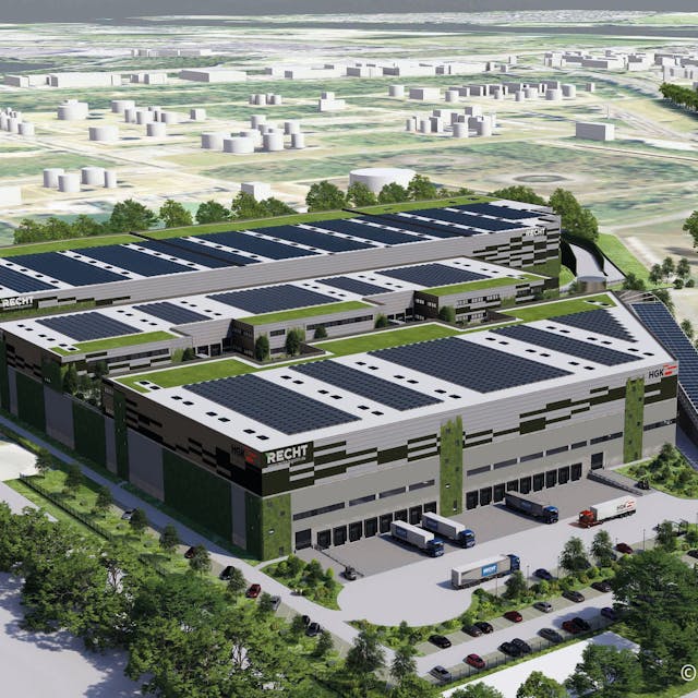 Die Visualisierung zeigt eine geplante Logistikimmobilie im Industriepark Nord in Köln-Niehl.