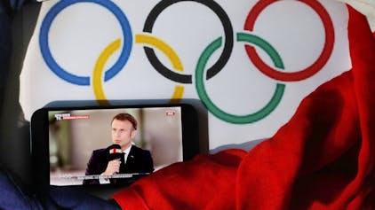 Frankreichs Präsident Emmanuel Macron mit einer Ansprache zu den Olympischen Spielen 2024 in Paris.