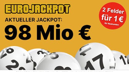 Lottokugeln und Eurojackpot Logo mit Schrift Jackpot 98 Millionen €.