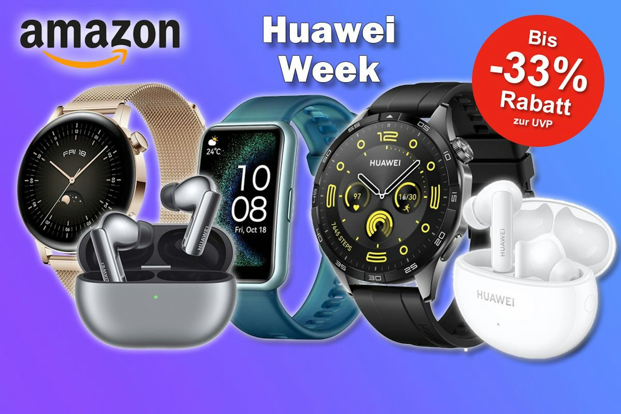 Huawei In Ear Kopfhörer und Smartwatches wie Huawei Watch GT 4 und Huawei FreeBuds Pro 3.