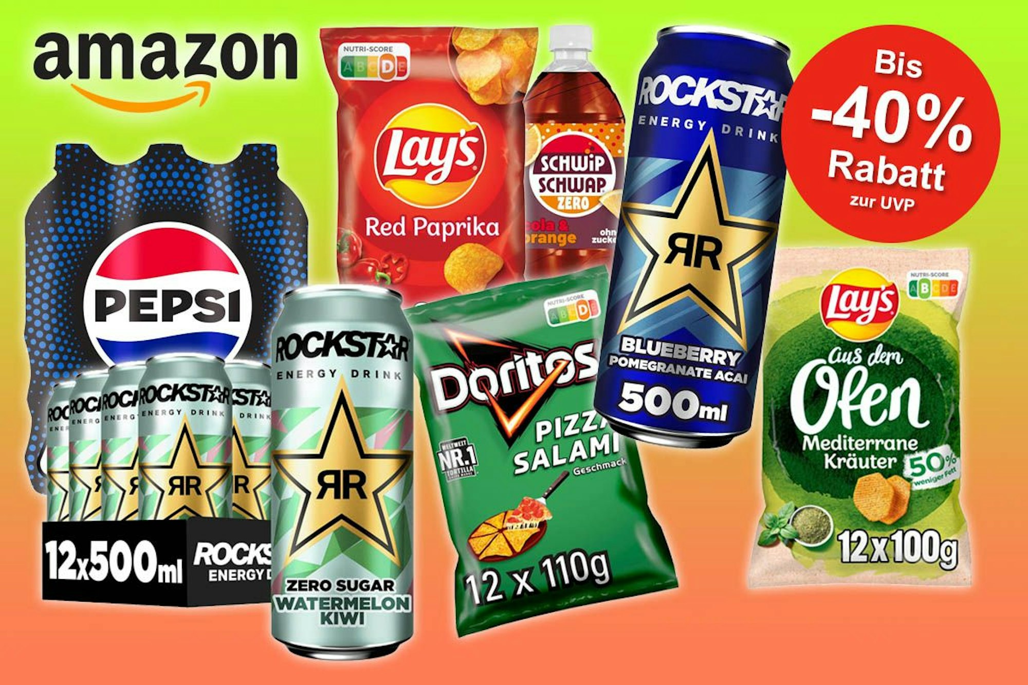 Pepsi, Lays'Chops, Rockstar Energydrink und Doritos Nacho Chips Produktpackungen.