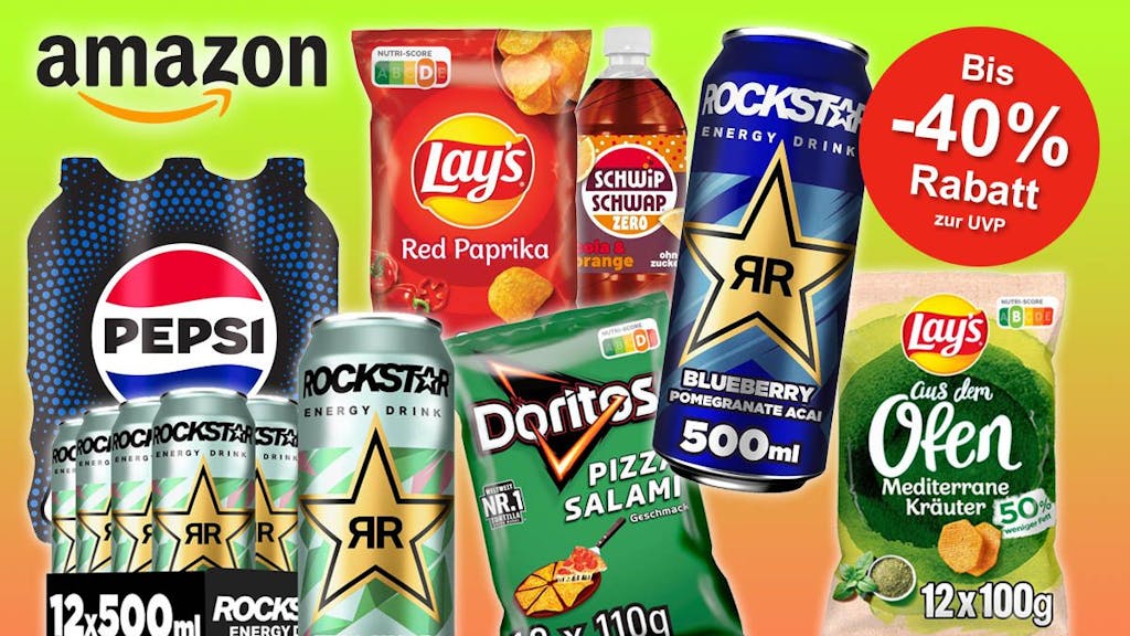 Pepsi, Lays'Chops, Rockstar Energydrink und Doritos Nacho Chips Produktpackungen.