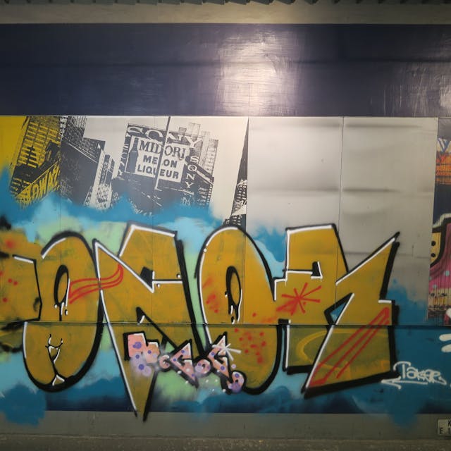 Bilder aus der U-Bahn-Haltestelle Piusstraße von von Graffiti überdeckten Tafeln des Kunstwerks.