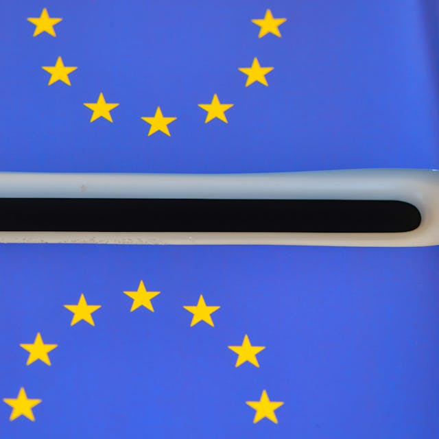 Europa-Fähnchen liegen auf einer Wahlurne (gestellte Aufnahme).