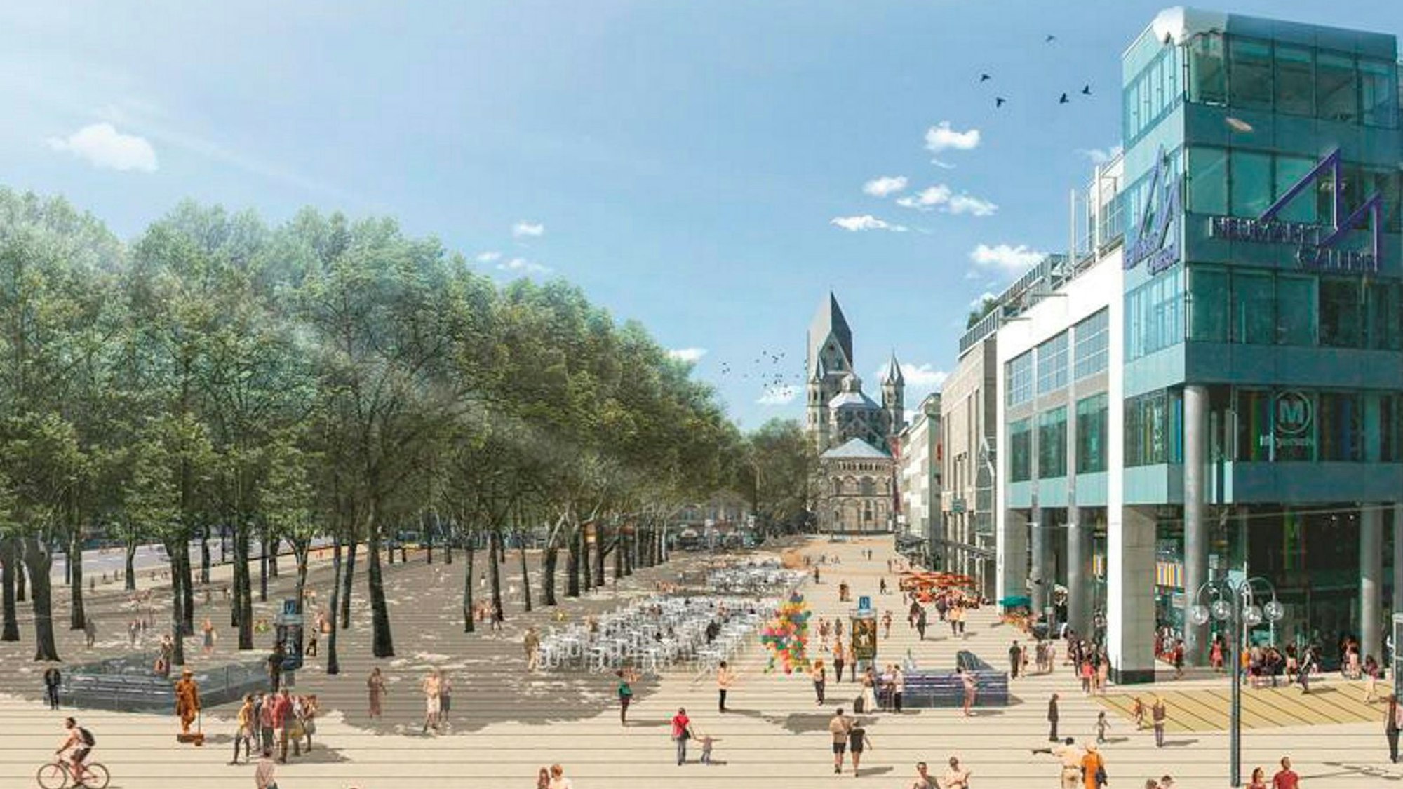 Eine Visualisierung zeigt die Nordseite des Neumarkts, die zu einer großen Fußgängerzone umgewandelt ist, mit Gastronomie und breiten Gehwegen.