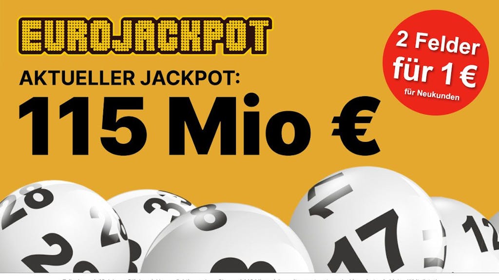 Eurojackpot Logo und Lottokugeln mit Schrift Jackpot 115 Millionen €.