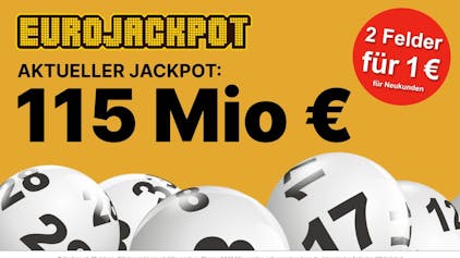 Eurojackpot Logo und Lottokugeln mit Schrift Jackpot 115 Millionen €.
