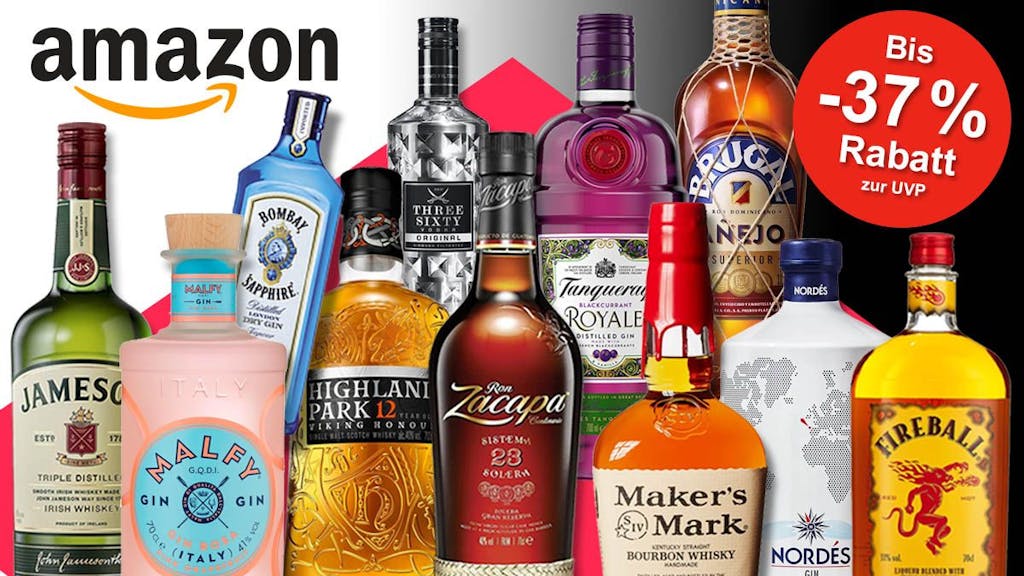 Viele Spirituosen Flaschen wie Whisky, Gin, Wodka und Rum vor einem bunten Hintergrund. Marken wie Tanqueray, Jameson, Fireball, Highland Park, Malfy, Bombay, Maker's Mark, Brugal, Zacapa.