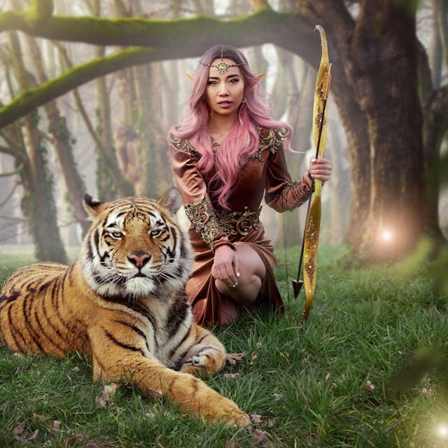 Eine Frau trägt Elfenohren und posiert mit einem ausgewachsenem Tiger.