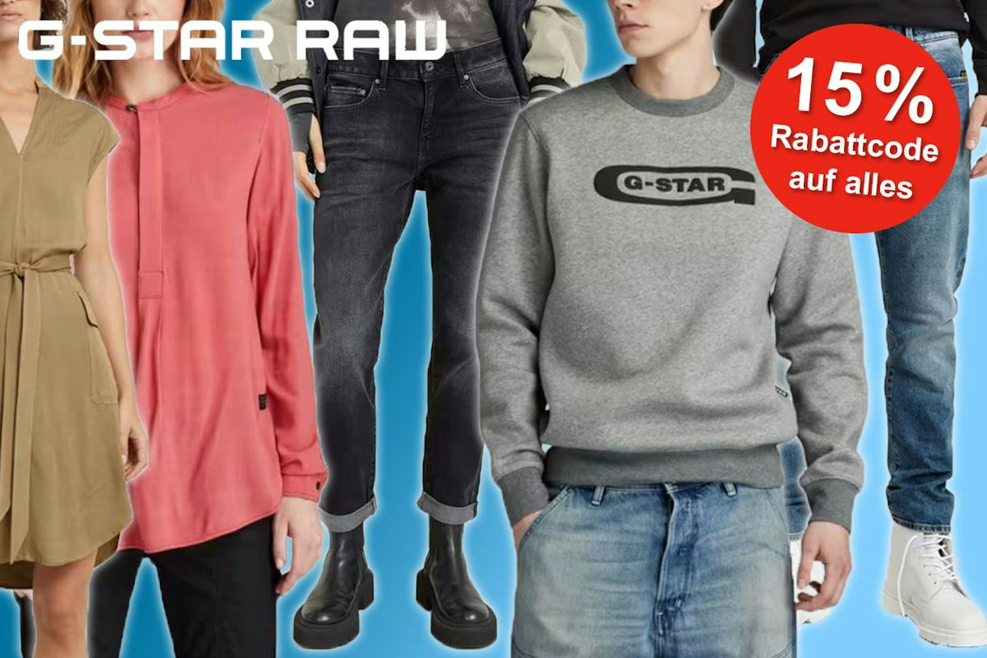 G-Star Raw Kleidung getragen von Fotomodellen, Kleid, Bluse, Jeans, Sweatshirt.