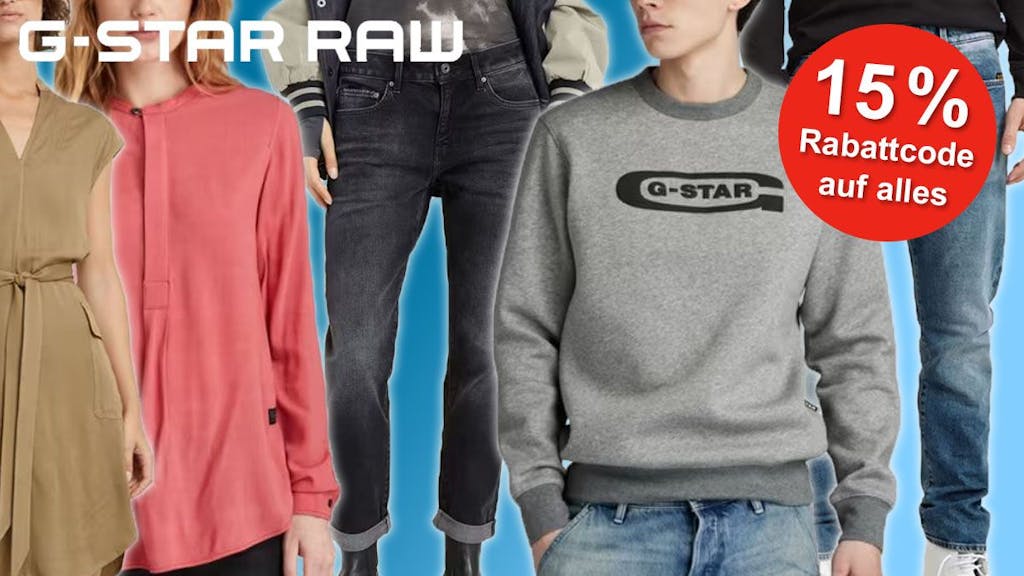 G-Star Raw Kleidung getragen von Fotomodellen, Kleid, Bluse, Jeans, Sweatshirt.