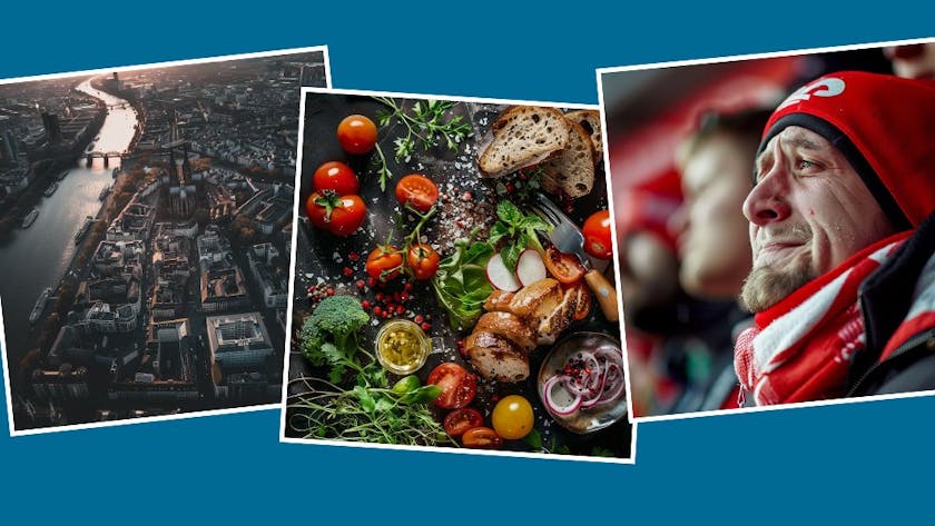 Midjourney Collage von drei Bildern: Drohnenaufnahme von Köln, Essen auf einer Platte und ein trauriger Fußballfan.