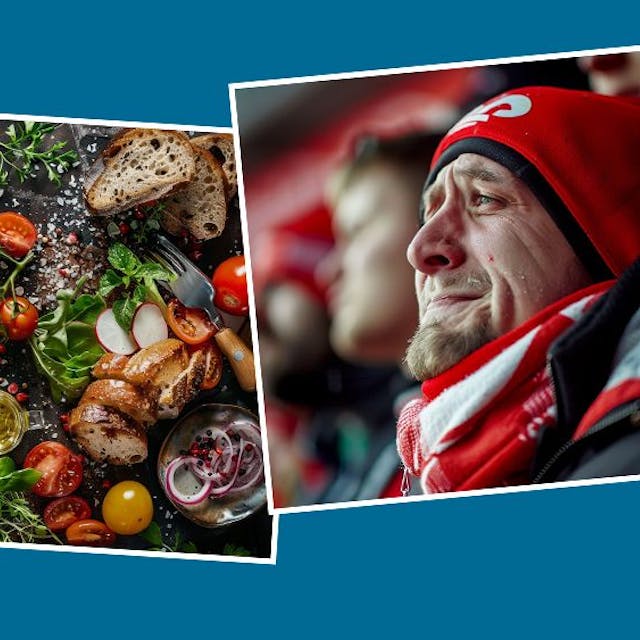 Midjourney Collage von drei Bildern: Drohnenaufnahme von Köln, Essen auf einer Platte und ein trauriger Fußballfan.
