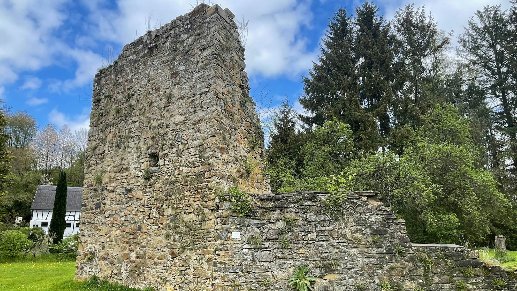 Ein Stück mittelalterlicher Burgmauer, im Hintergrund ein Fachwerkhaus.