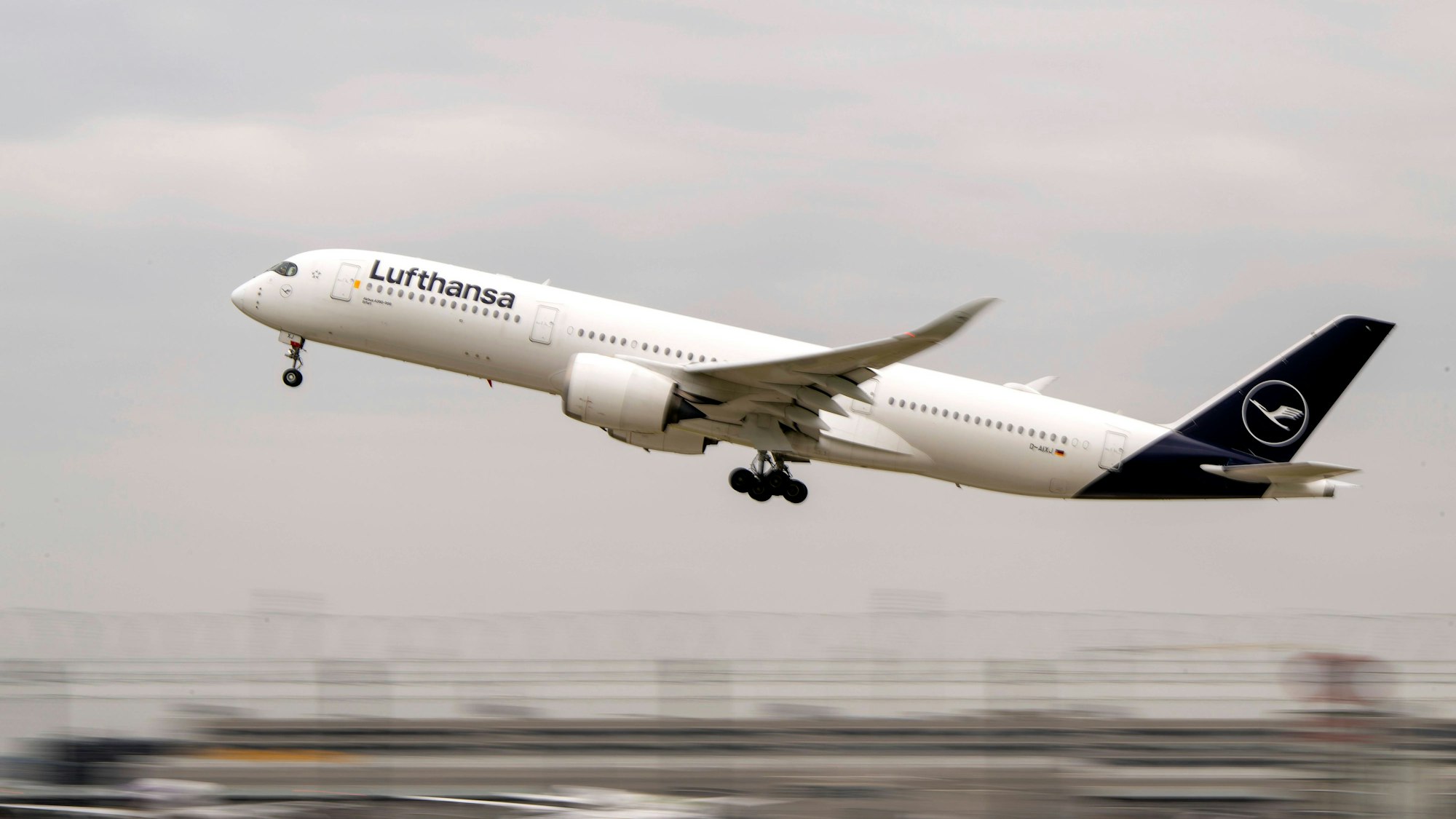 Ein Airbus A350-900 der Lufthansa hebt in Frankfurt ab.